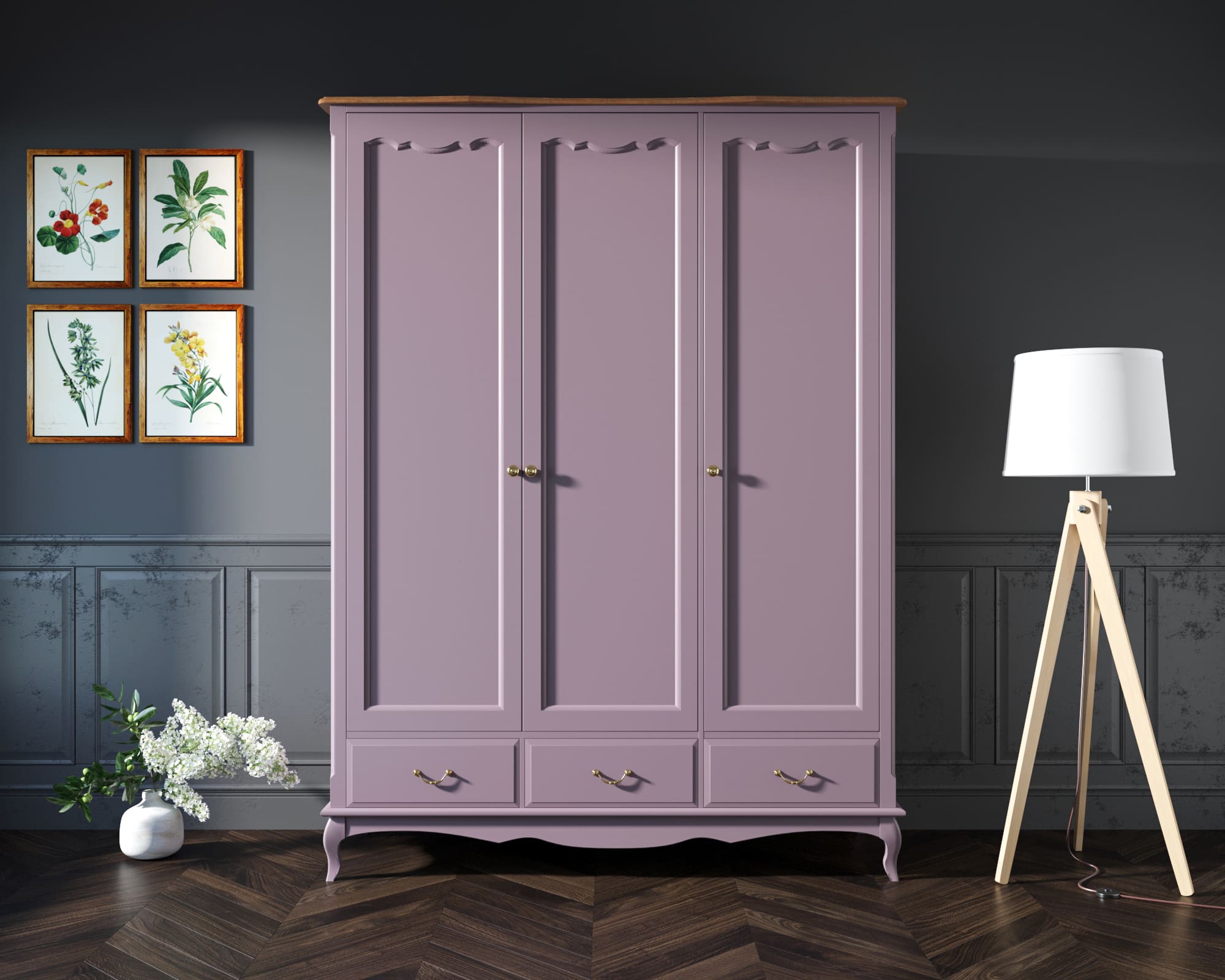 Шкаф Leontina Lavanda для одежды трехстворчатый с ящиками арт ST9327KR/3L в интерьере