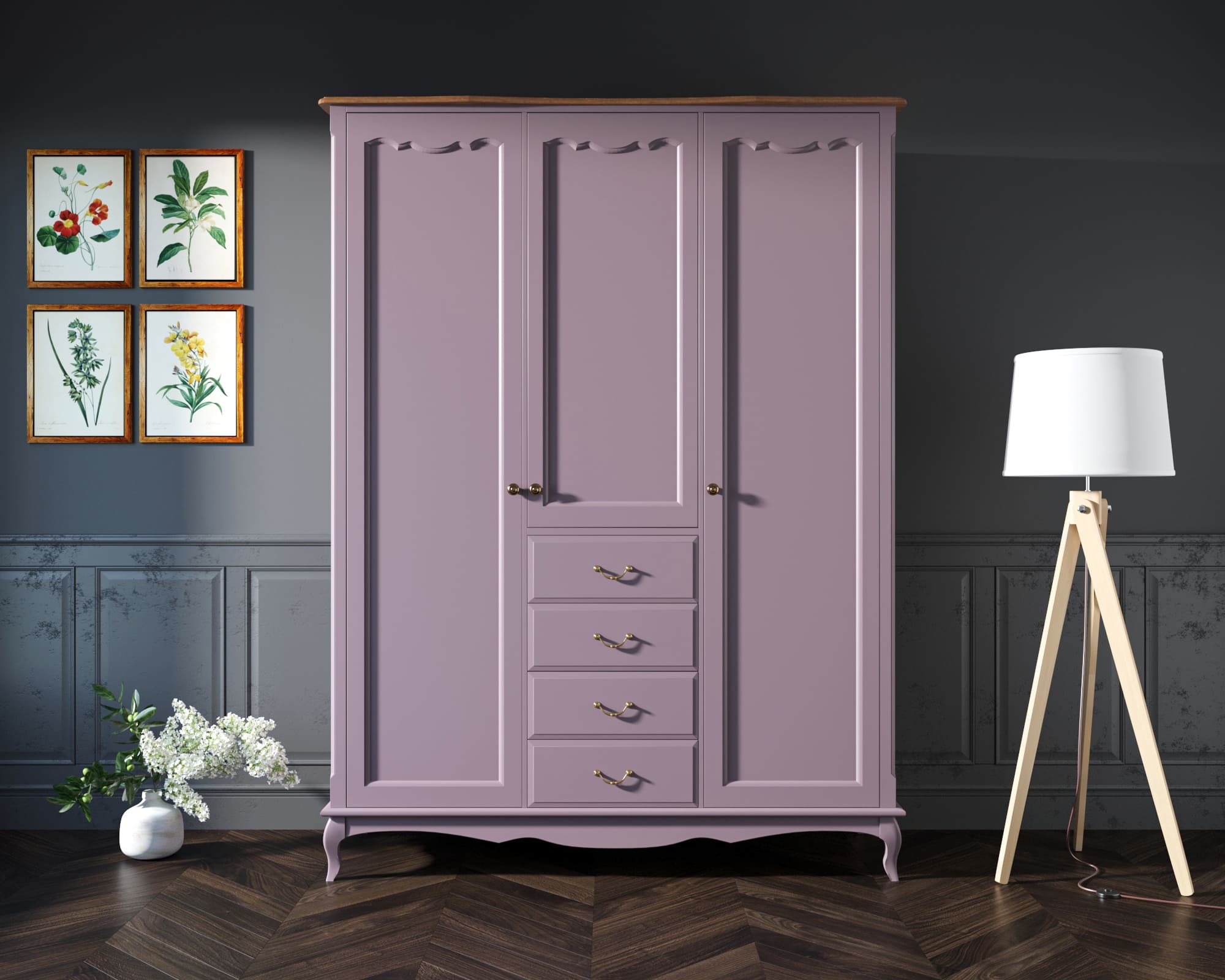Шкаф Leontina Lavanda для одежды с ящиками арт ST9327/34L в интерьере