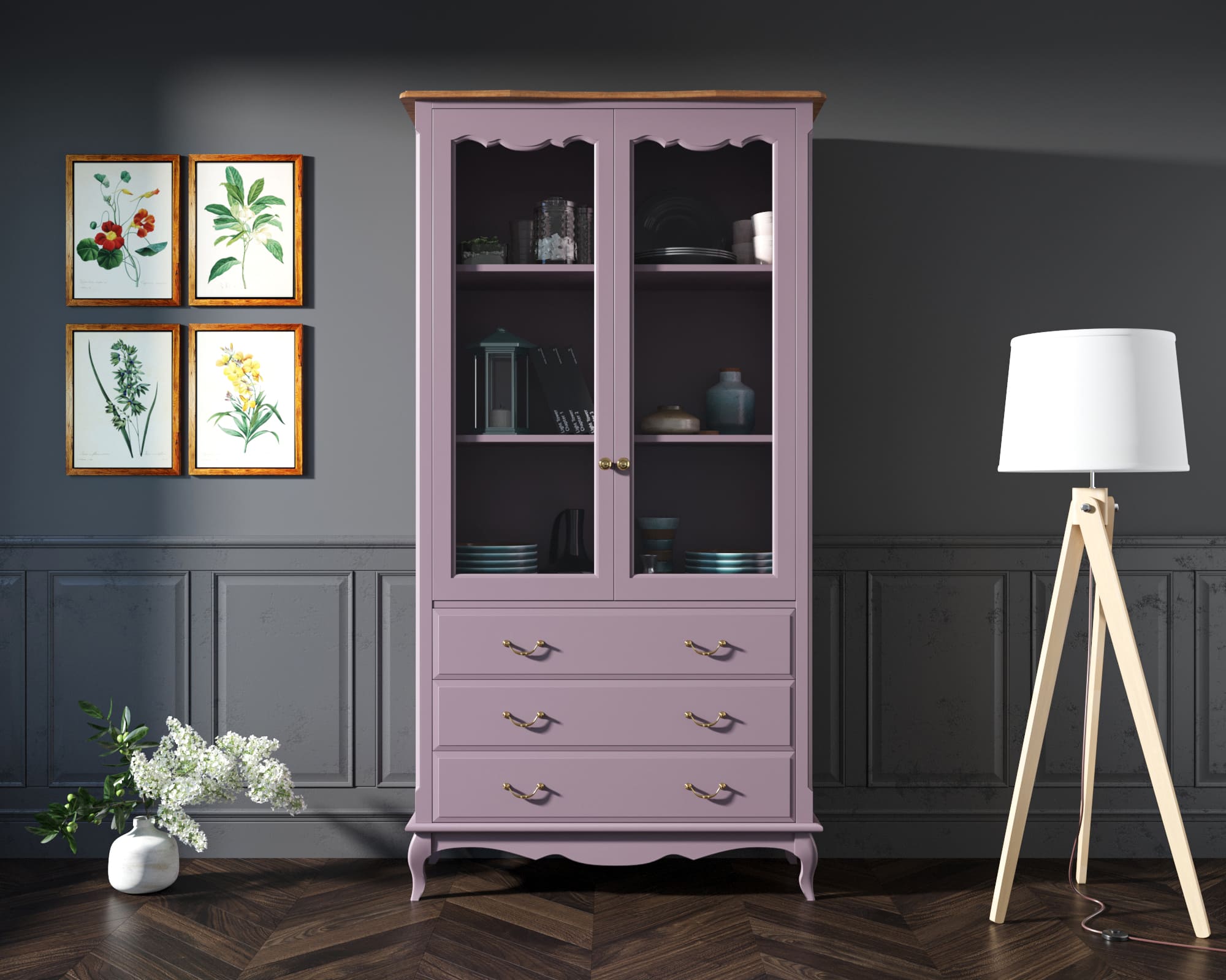 Шкаф "Leontina Lavanda" для посуды высокий 3 ящика арт ST9355/3L в интерьере