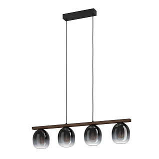 900186 Подвесной потолочный светильник FILAGO, 4x40W, E27, L880, B145, H1100, сталь, дерево, черный, коричневый/стекло, темно-серый полупрозрачный