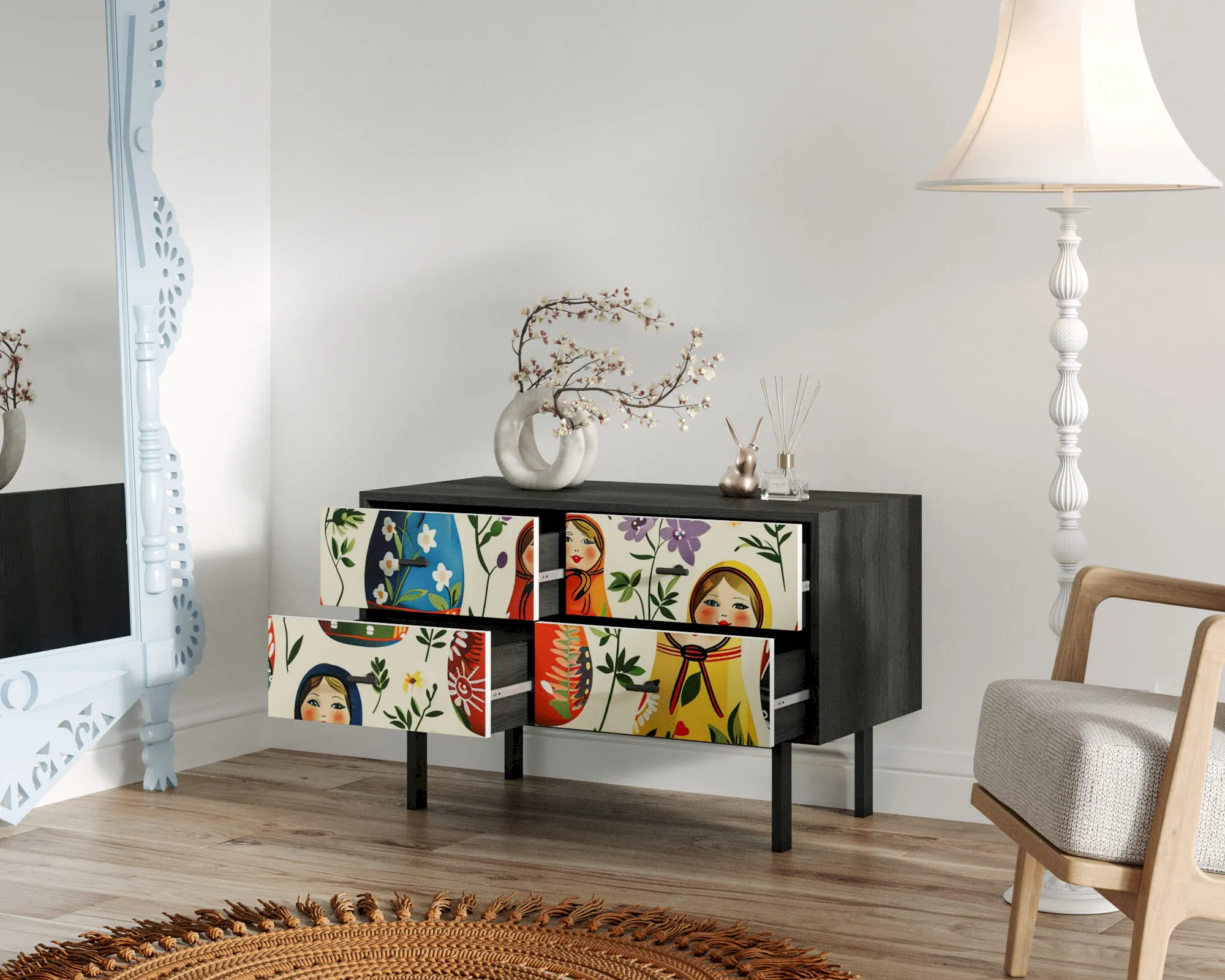 купить Комод с четырьмя ящиками "Эмерсон (Emerson)" Матрешки арт EM05/Art04