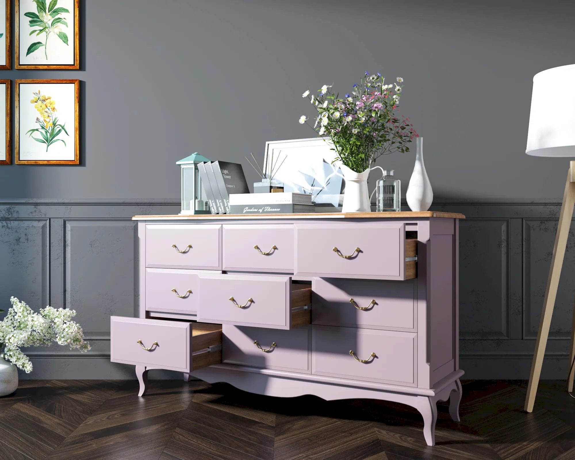 купить Комод "Леонтина (Leontina)" в лавандовом цвете на девять ящиков арт ST9379L