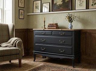 Комод "Леонтина (Leontina)" в черном цвете на 4 ящика арт ST9315BLK в интерьере