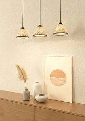 купить стильные 43943 Люстра OXPARK, 3X25W (E27), L920, B220, H1100, сталь, черный / текстиль с листьями бамбука, белый, зеленый